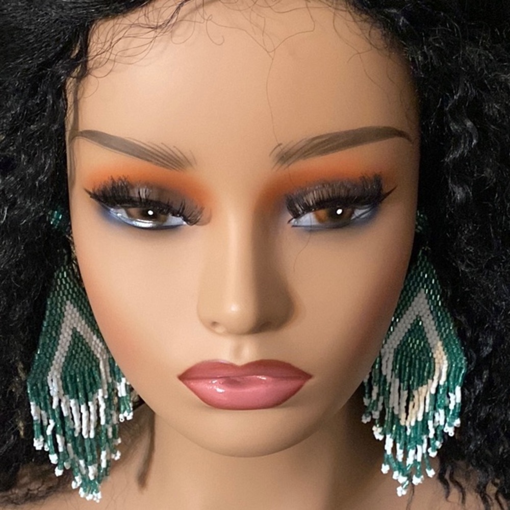 Natasha AZTEC White & Green Beaded 5"  Statement Post Earrings NWT